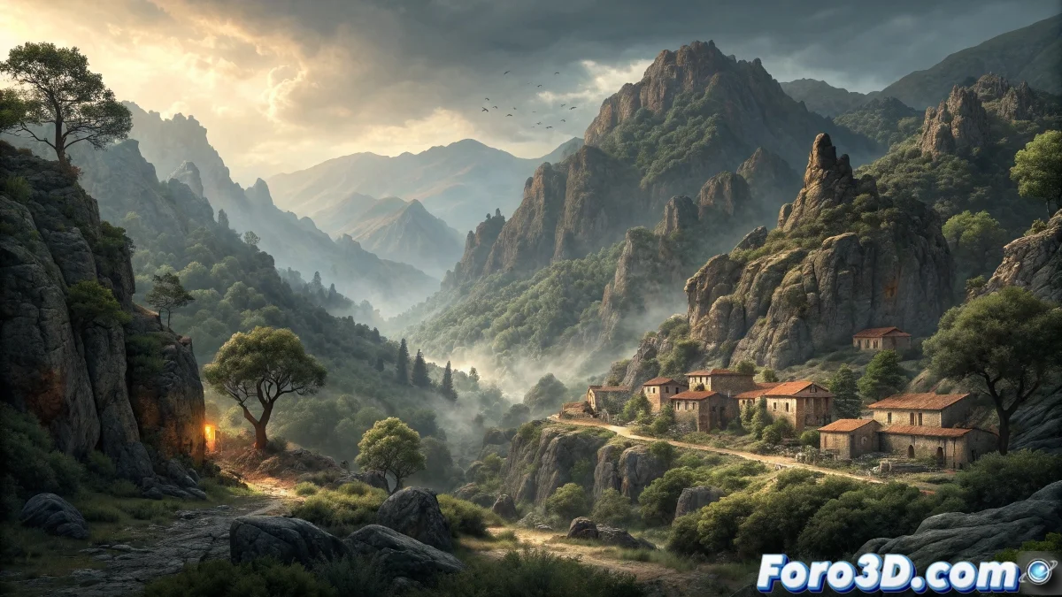 Composición en After Effects mostrando mapa animado de Las Hurdes con efectos de niebla, luces fantasmales y símbolos de rituales tradicionales flotando sobre el paisaje montañoso