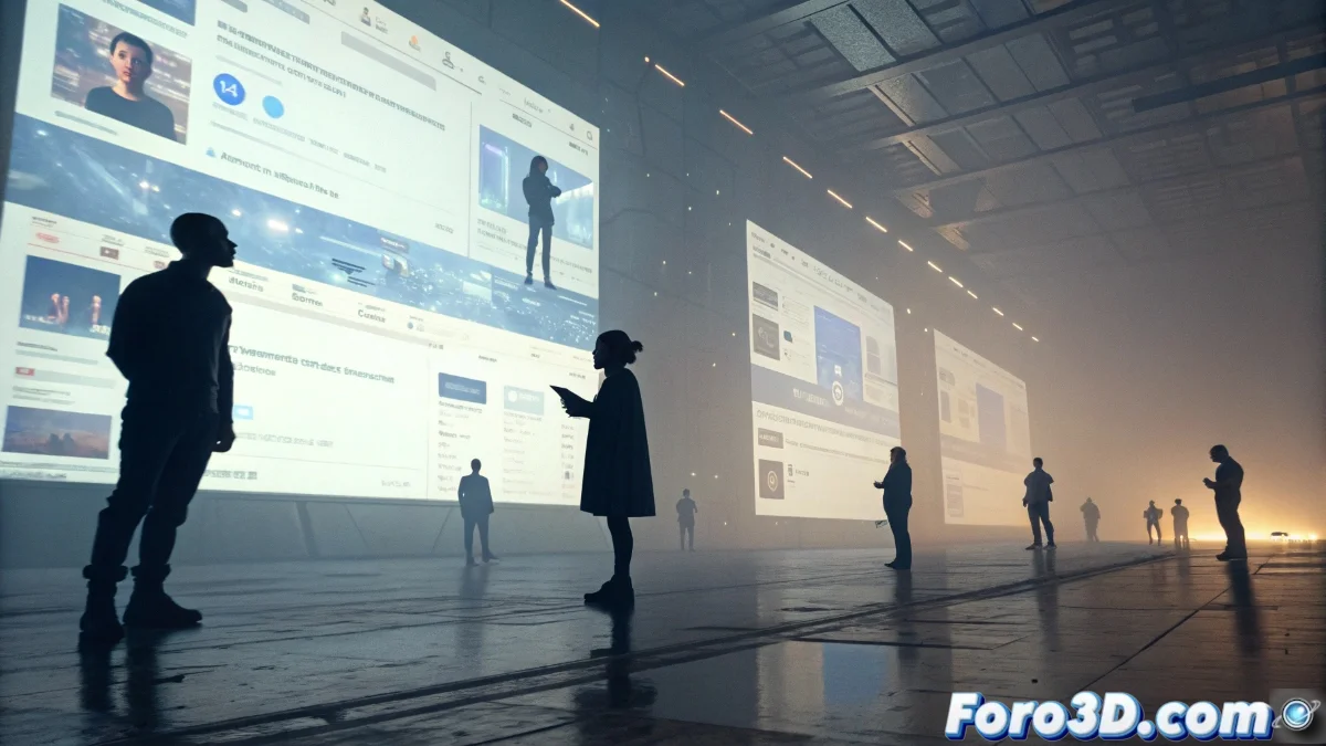 Ilustración conceptual que muestra perfiles de redes sociales con caras robóticas difundiendo noticias falsas a través de una red de conexiones digitales