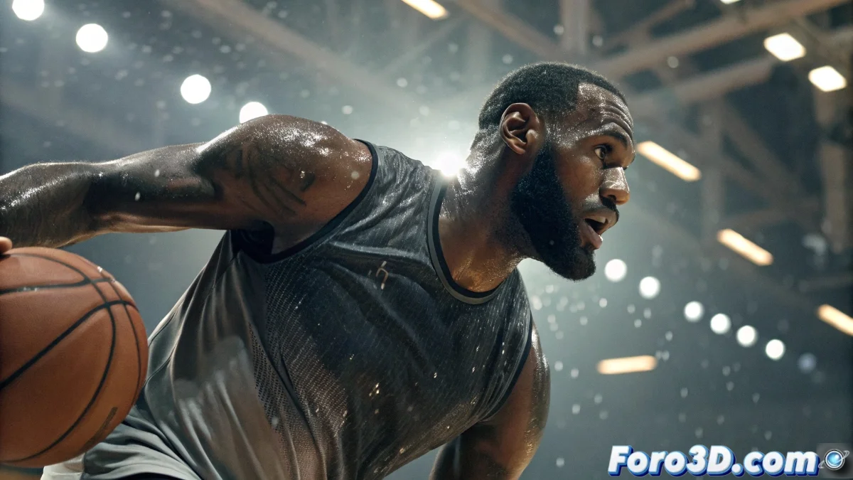 LeBron James con uniforme de Lakers en acción durante un partido, celebrando con compañeros de equipo en la cancha.