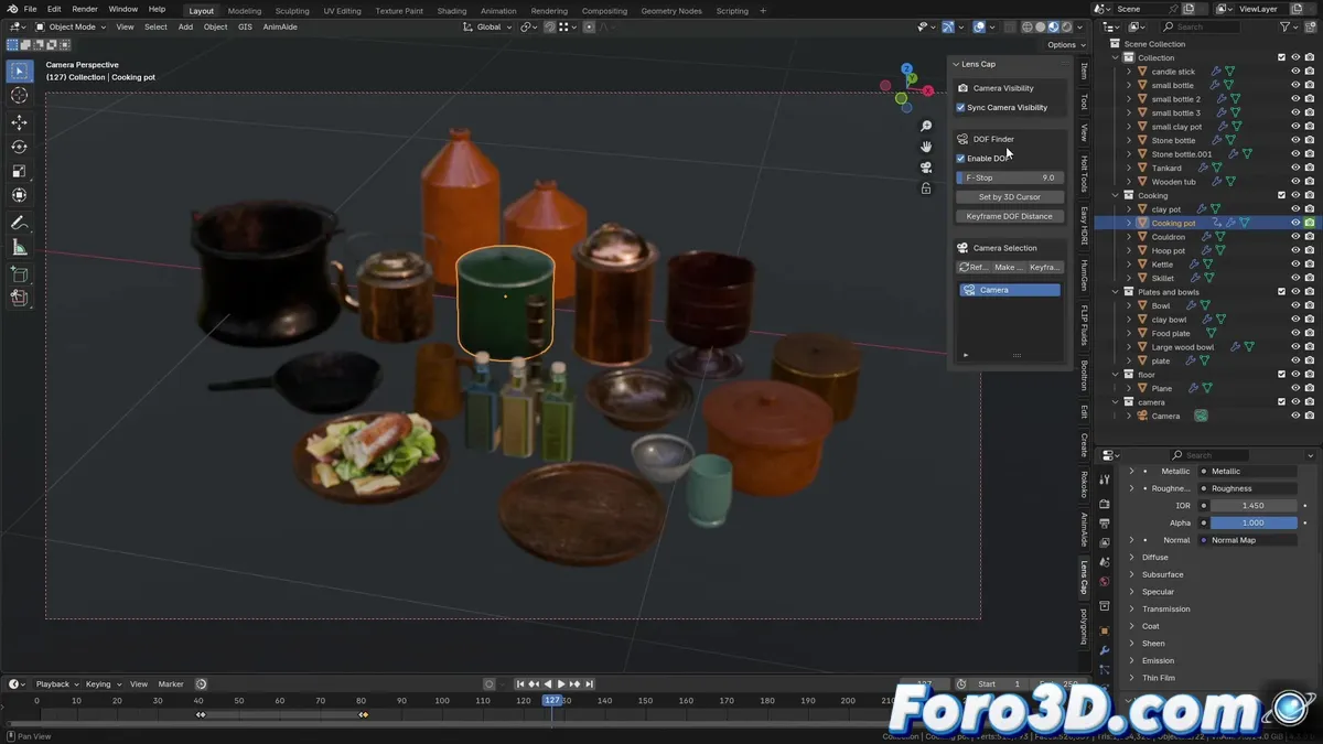 Extensión Lens Cap para Blender mostrando sincronización de visibilidad y ajuste de profundidad de campo en una escena 3D.