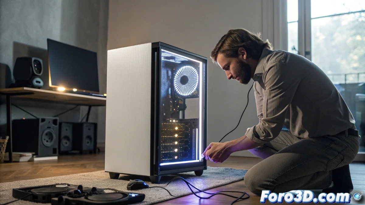 Fuente de alimentación Lian Li 1200W Platinum mostrando diseño modular y conectores RGB en caja transparente con fondo de setup gaming profesional