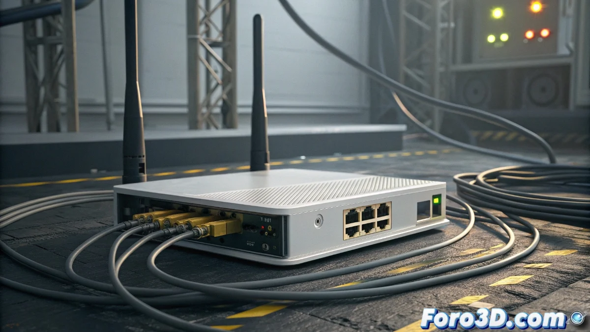 Router doméstico abierto mostrando componentes internos con memoria flash marcada en rojo, junto a gráficos que muestran línea temporal de soporte técnico decreciente