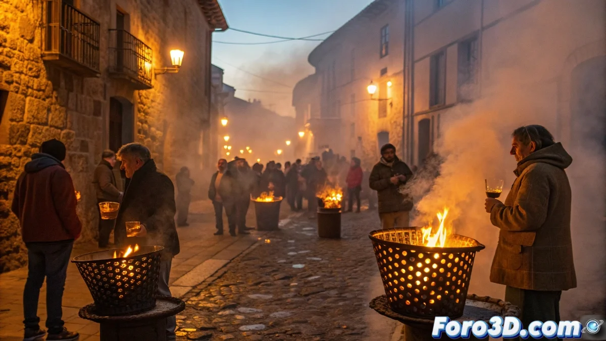 Grupo de personas reunidas alrededor de hogueras callejeras en Llanes, asando castañas mientras comparten sidra en un ambiente festivo otoñal