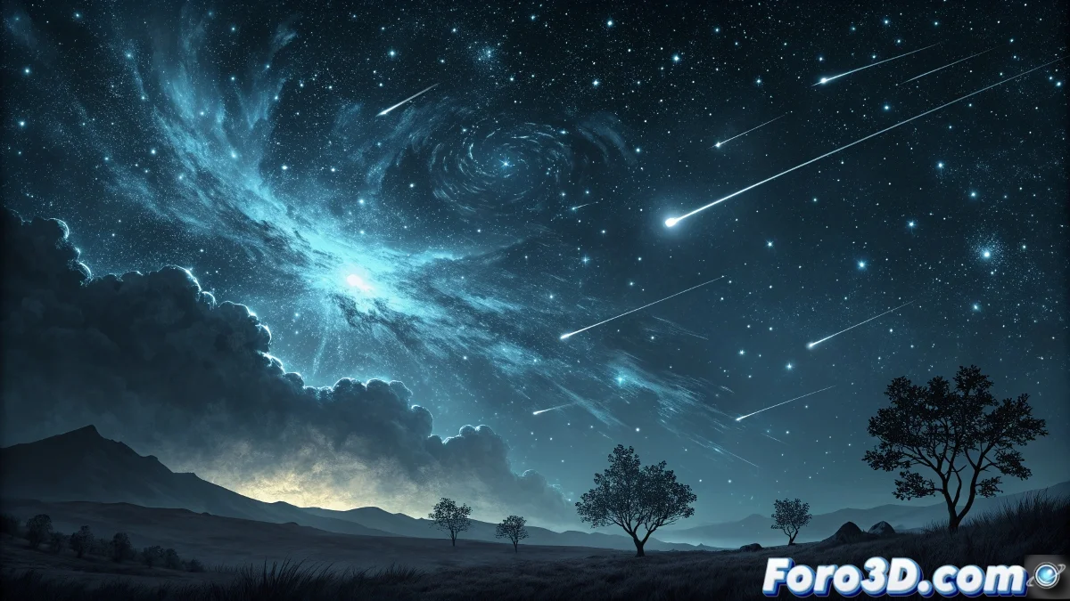 Render 3D en Blender de lluvia de meteoros Dracónidas mostrando múltiples estelas luminosas convergiendo desde la constelación Draco, con radar terrestre detectando meteoros y cielo estrellado de fondo.