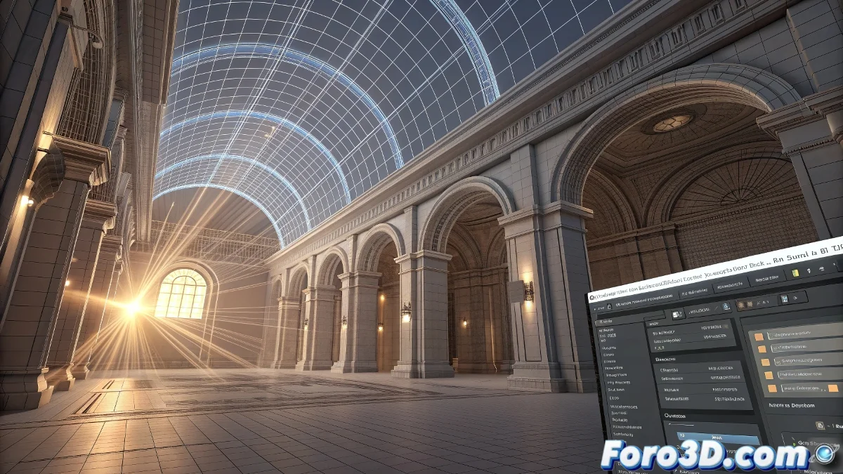 Interior renderizado en Maya con Arnold mostrando configuración de luces fotométricas, perfiles IES y ajustes de exposición física en Attribute Editor.
