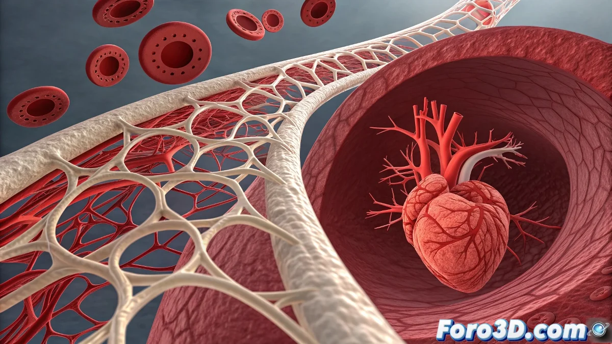 Visualización en primer plano de una estructura vascular ramificada creada mediante bioimpresión 3D, mostrando células endoteliales en un hidrogel biocompatible.