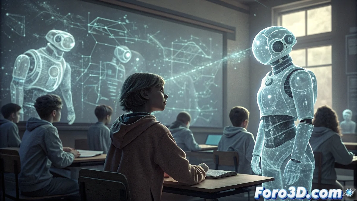 Concepto visual que muestra un cerebro humano conectado a un chatbot, con iconos de conocimiento que se desvanecen en el fondo, representando la ilusión de aprendizaje instantáneo.