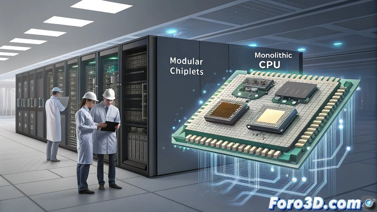 Diagrama comparativo entre arquitectura chiplet modular y procesador monolítico tradicional mostrando componentes separados e interconexiones de alta velocidad