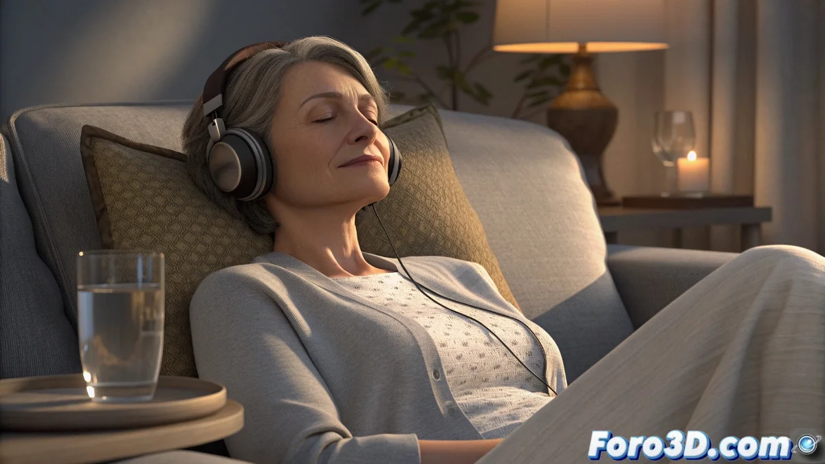 Mujer madura relajada en su hogar escuchando audios de hipnosis con tableta digital mientras toma notas en un diario terapéutico