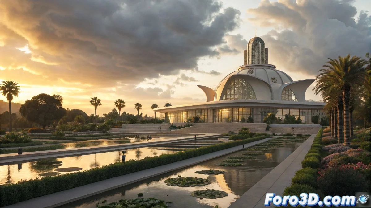 Render exterior del Lucas Museum of Narrative Art mostrando su arquitectura orgánica y fluida integrada en el Exposition Park de Los Ángeles, con visitantes explorando los jardines.