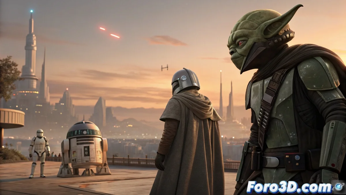 Diversos personajes de Star Wars en estilos de animacion unicos, desde trazos tradicionales hasta CGI moderno, luchando en planetas exoticos.
