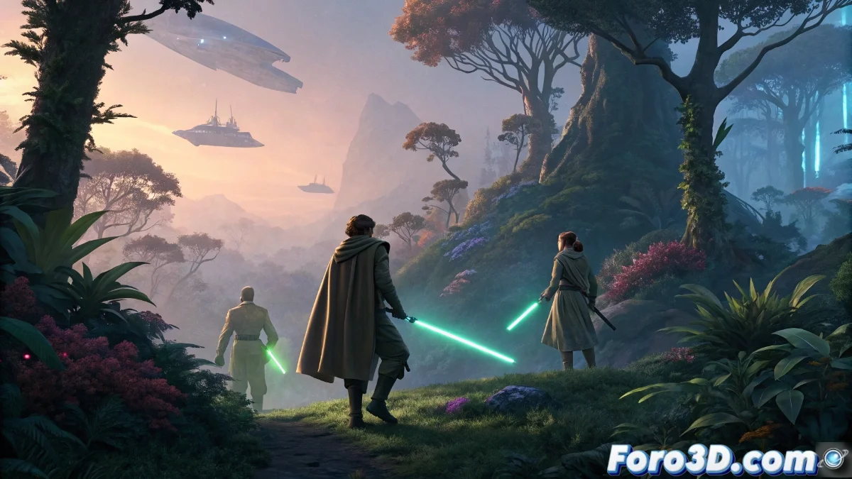 Imagen promocional de Star Wars: Young Jedi Adventures mostrando a los jóvenes Jedi en un planeta exótico, con sables de luz encendidos y criaturas alienígenas de fondo, todo con animación colorida y dinámica.