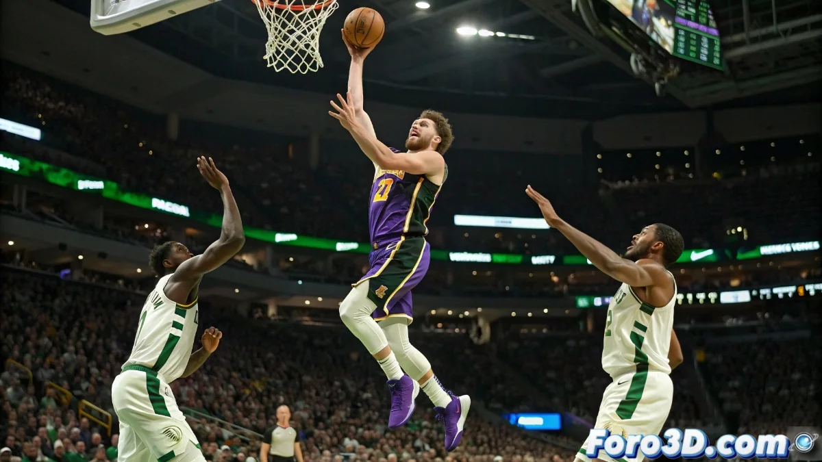 Luka Doncic celebrando un triple durante el partido Lakers vs Bucks en el Fiserv Forum de Milwaukee