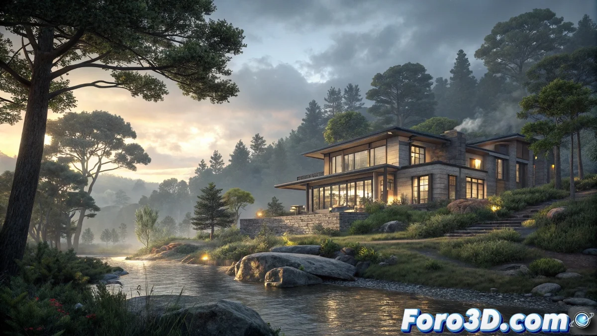 Interfaz de Lumion 2025 mostrando un render arquitectónico con reflejos en el agua y efectos atmosféricos avanzados.