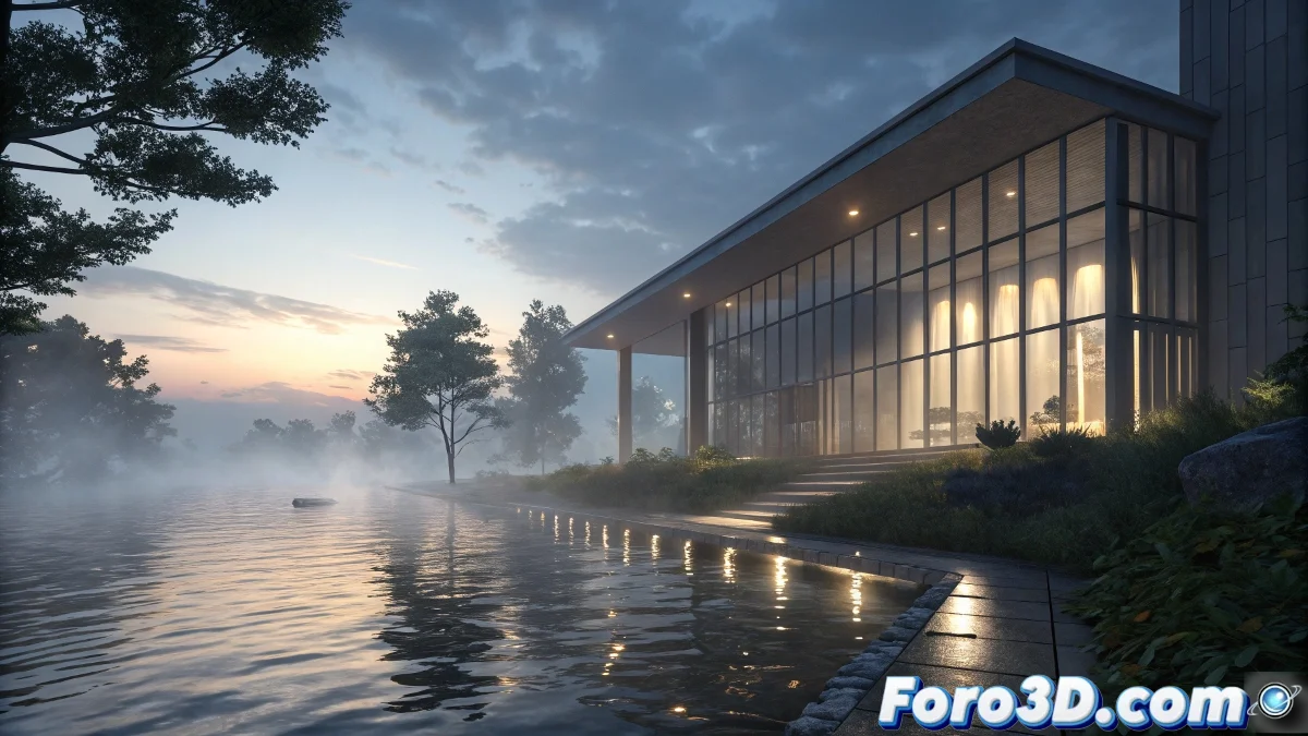 Interfaz de Lumion 2025 mostrando un render arquitectónico con reflejos en el agua y efectos atmosféricos avanzados.
