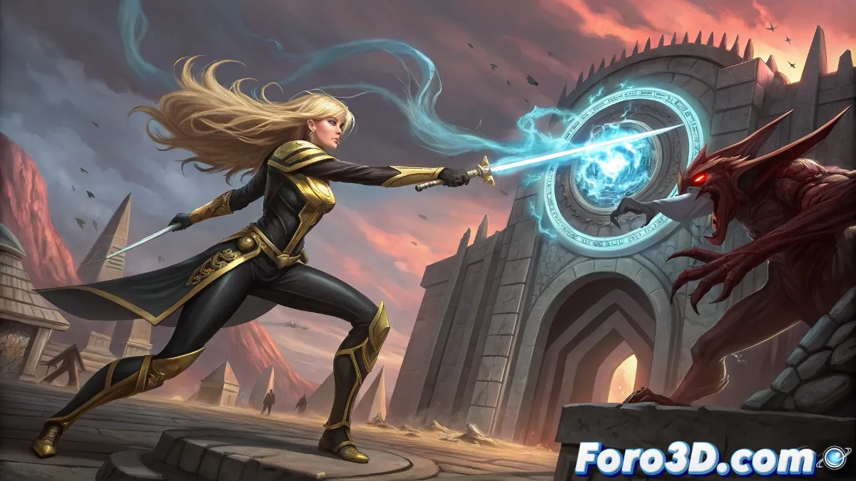 Magik invocando un portal místico con su Espada de las Almas, rodeada de energía arcana y demonios de Limbo al fondo, en estilo cómic Marvel.