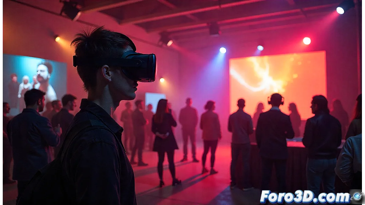 Auditorio lleno de participantes en el Making Of Fest 2025 con proyecciones digitales en pantallas gigantes y asistentes interactuando con dispositivos de realidad virtual