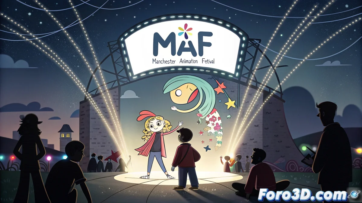 Cartel oficial del Manchester Animation Festival 2025 mostrando personajes animados en un estilo visual vibrante y moderno frente al skyline de Manchester.