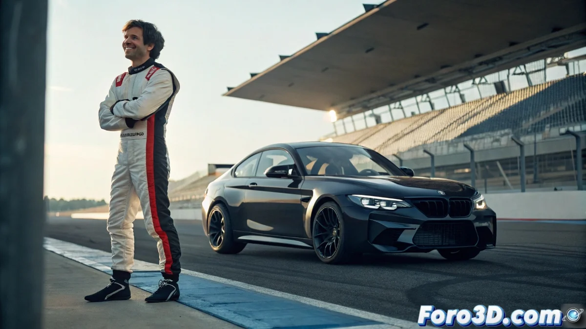 Marc Márquez posando junto al BMW M2 CS en el circuito, con su equipo de competición y el trofeo de la temporada 2025 de MotoGP de fondo