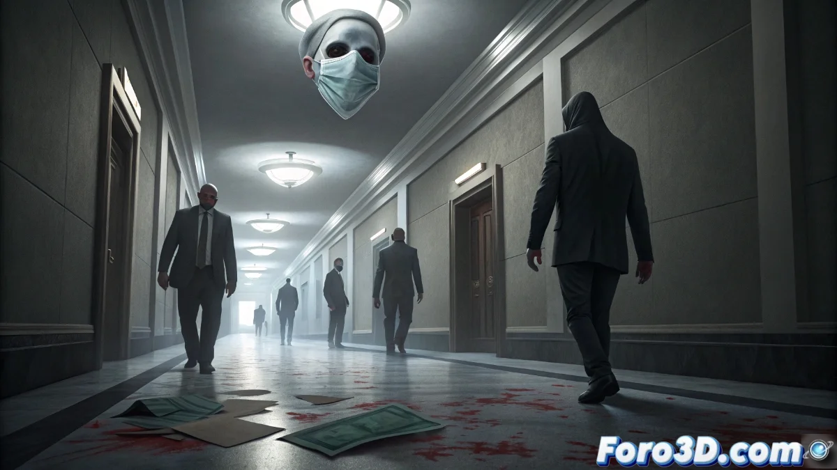 Silueta de dos figuras políticas enfrentadas en un pasillo gubernamental oscuro con mascarillas colgando del techo como espectros
