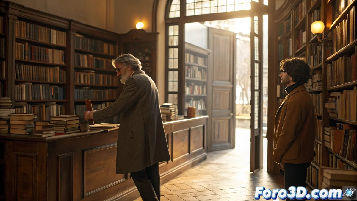 Joven emprendedor y librero veterano revisando libros en una librería tradicional con estanterías de madera llenas de ejemplares.