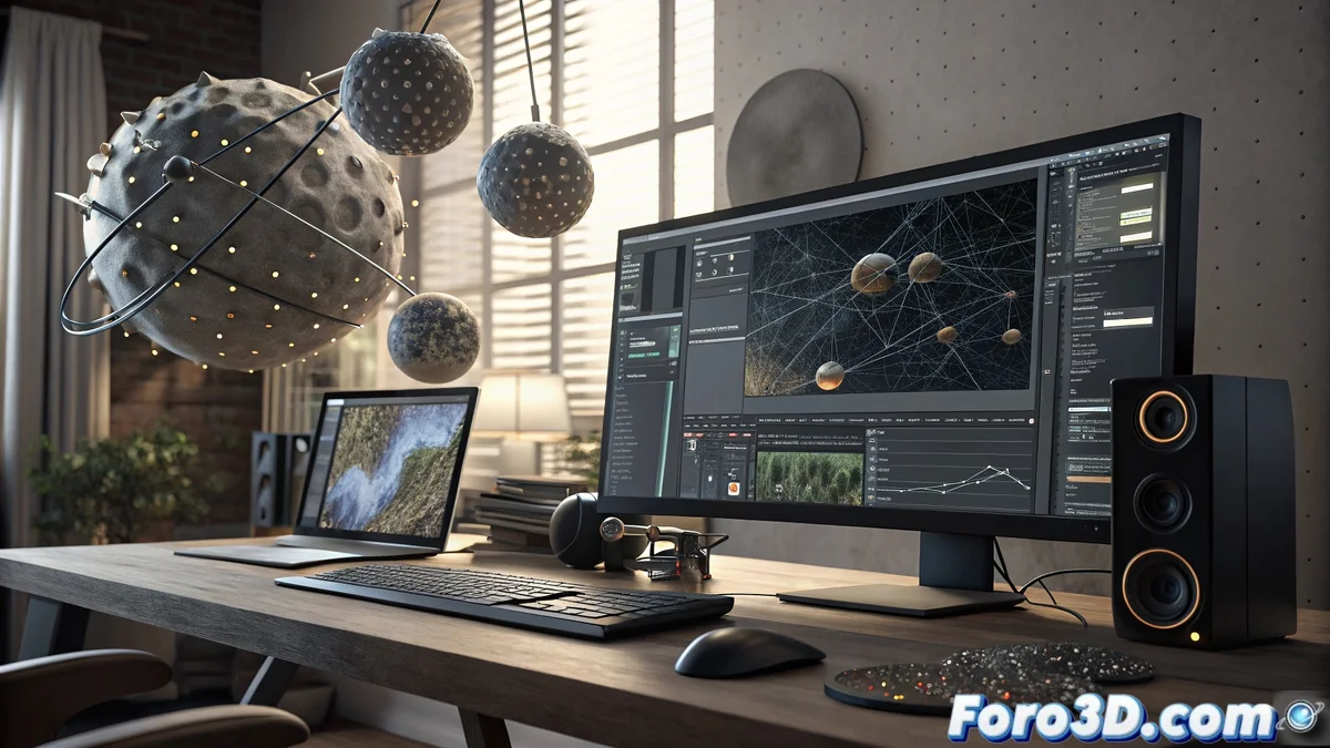 Diagrama comparativo mostrando interfaces de nodos de Material Maker y Blender Shader Editor con ejemplos de materiales procedurales aplicados en modelos 3D.