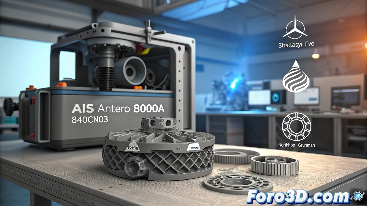 Impresión 3D con materiales Antero para aplicaciones aeroespaciales en impresora Stratasys F900, mostrando componentes técnicos y proceso industrial