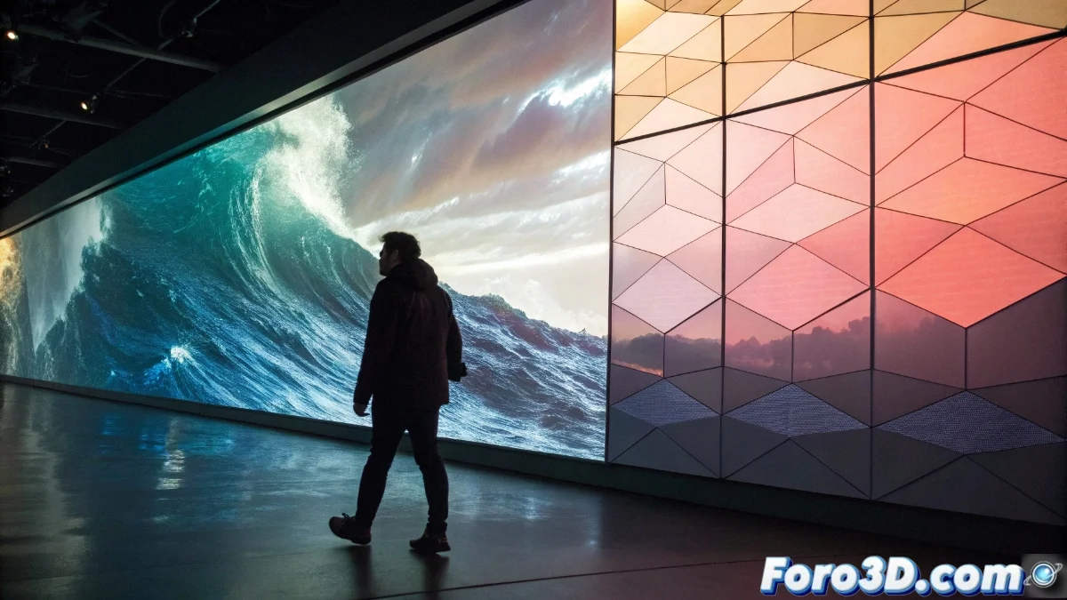 Superficie digital interactiva que cambia de textura y color según el movimiento de una persona frente a ella, con sensores LiDAR y proyecciones en tiempo real.