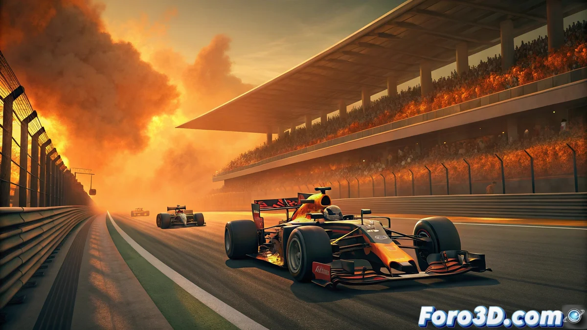 Max Verstappen celebrando en el podio del Gran Premio de Brasil con el trofeo de tercer puesto, rodeado de humo de bengalas naranjas y aficionados emocionados en las gradas de Interlagos.