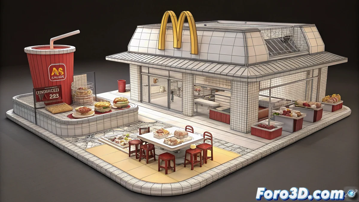 Ilustración digital en Krita que muestra el interior de un McDonald's con juguetes de One Piece y Pokémon desparramados, bandejas de comida abandonadas y clientes frustrados en un ambiente de caos.