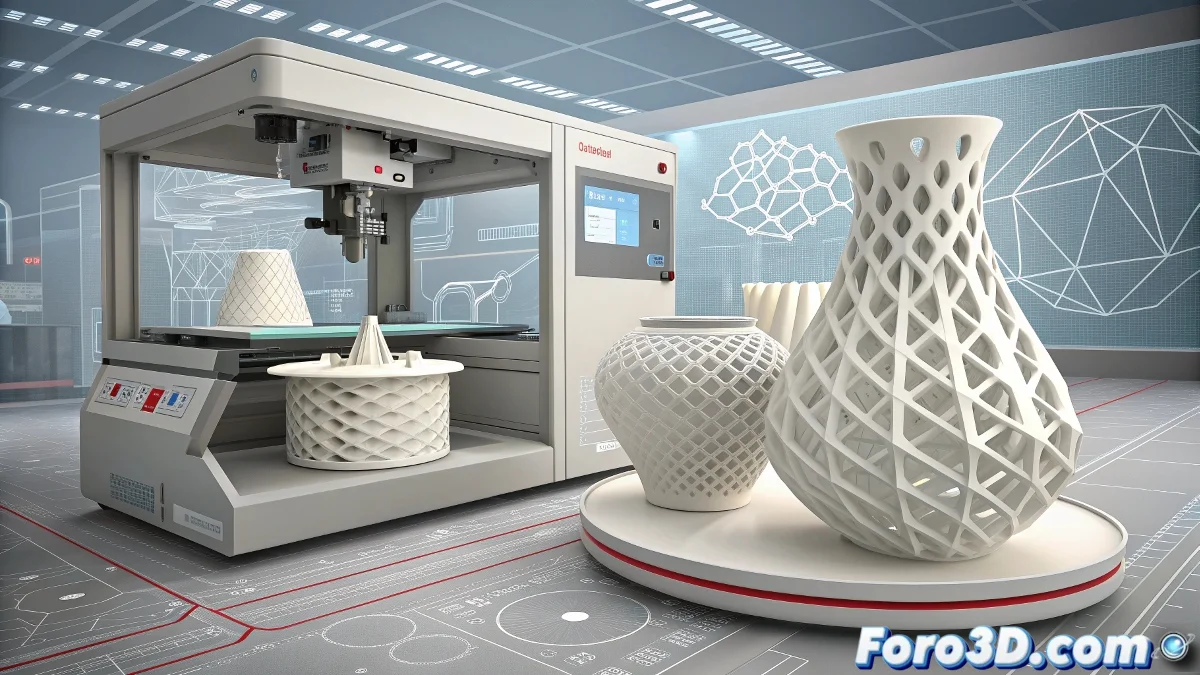 Piezas cerámicas impresas en 3D mostrando detalles complejos y estructuras finas, demostrando la alta resolución y resistencia lograda mediante la colaboración tecnológica.