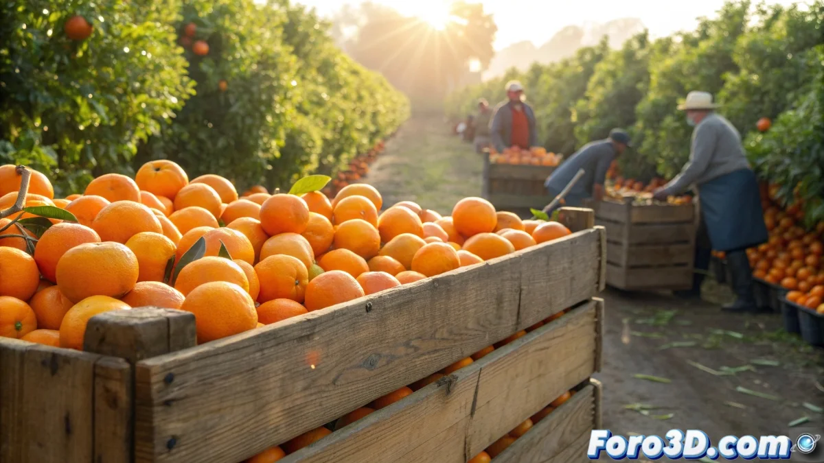 Cesta con naranjas frescas de diferentes variedades sobre fondo rural con campos de cultivo de cítricos al atardecer en España