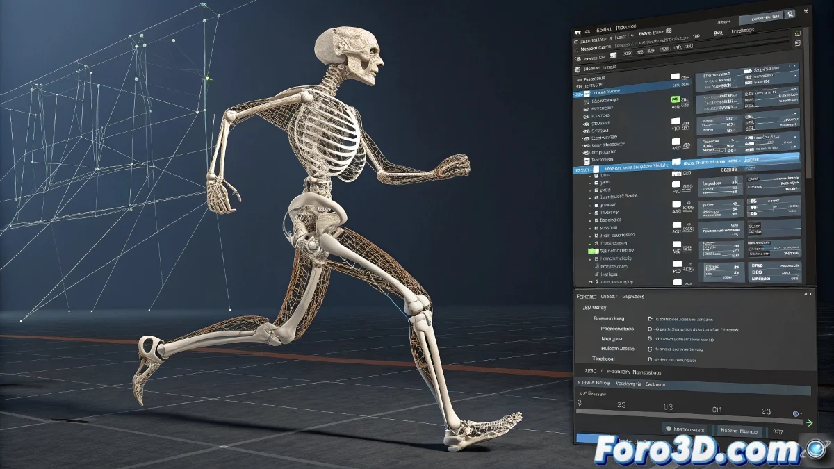 Animacion de personaje humanoide con overlay de huesos y ajustes de retargeting en software 3D