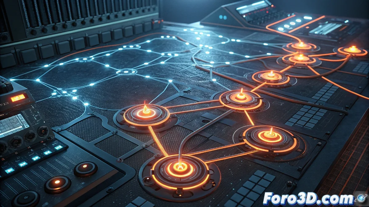 Interfaz nodal de MetaSounds mostrando conexiones entre osciladores, filtros y moduladores en Unreal Engine 5