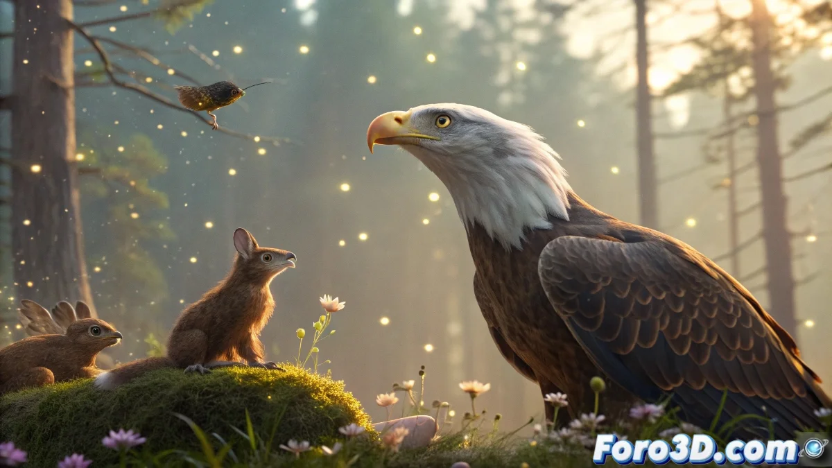 Ilustración promocional de Swapped mostrando un pequeño roedor del bosque y un águila majestuosa intercambiando cuerpos en un entorno natural colorido y detallado