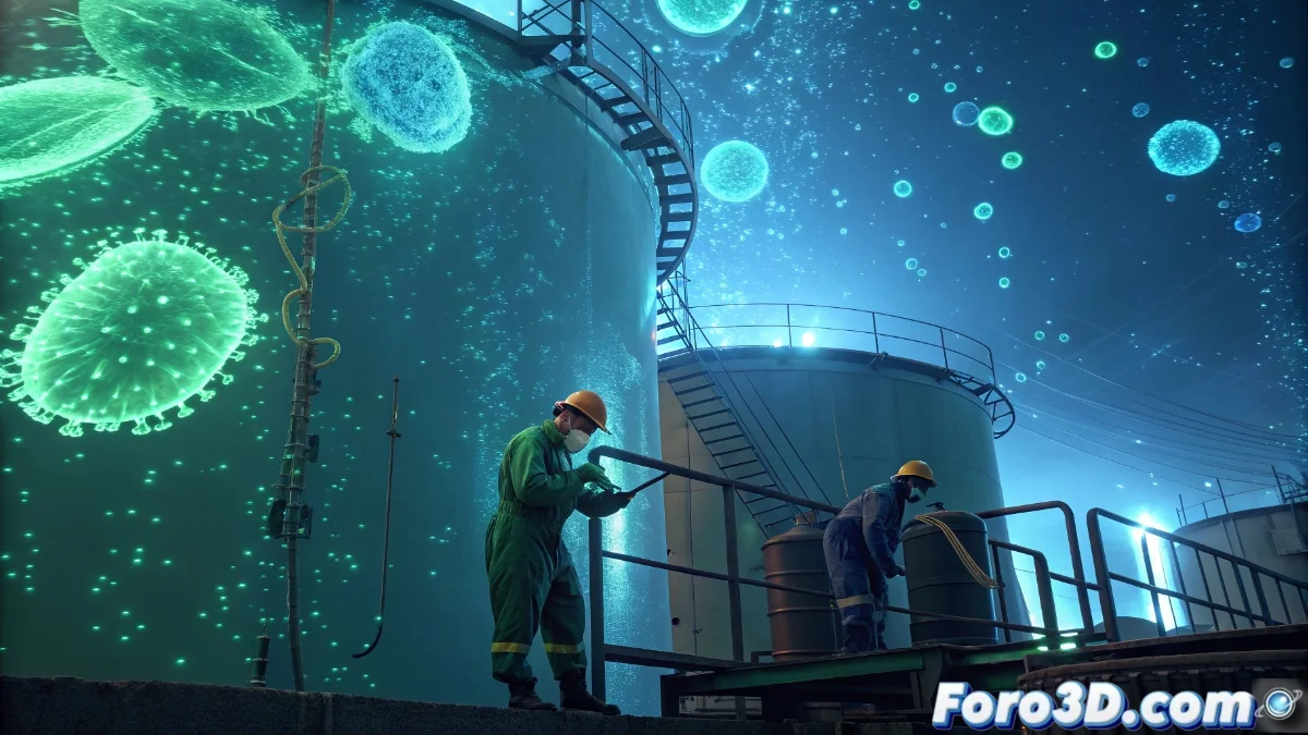 Microscopio mostrando cianobacterias y algas verdes en proceso de fotosíntesis dentro de un biorreactor industrial con emisiones de CO2 siendo convertidas en biocombustible