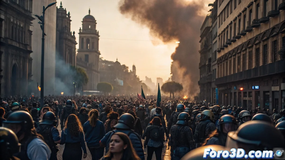 Multitud de jóvenes manifestantes con carteles de protesta frente al Palacio de Bellas Artes en Ciudad de México durante una marcha contra la violencia