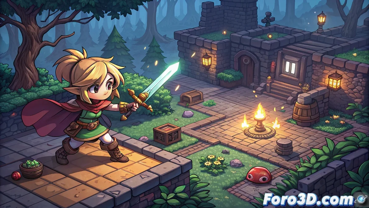 Arte conceptual de Mina the Hollower mostrando a la protagonista en ambiente gótico con elementos de gameplay y interfaz de desarrollo retrasado