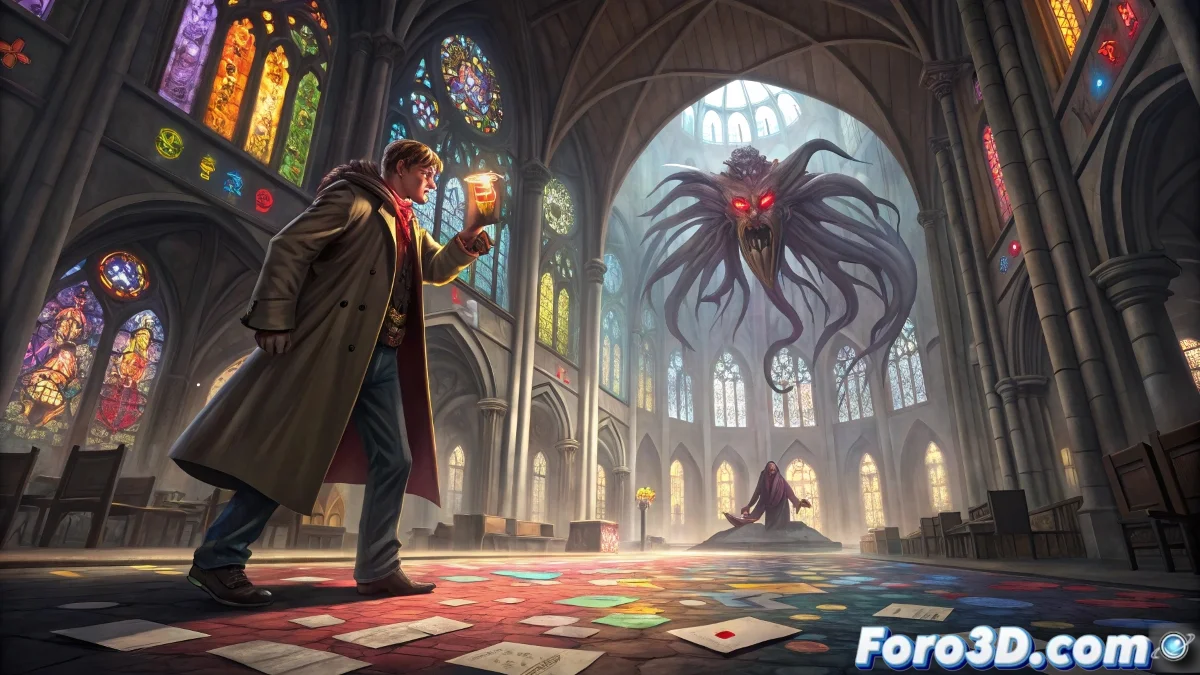 Klein Moretti sosteniendo cartas de Tarot en ambiente victoriano oscuro, con símbolos ocultistas y niebla misteriosa de fondo.