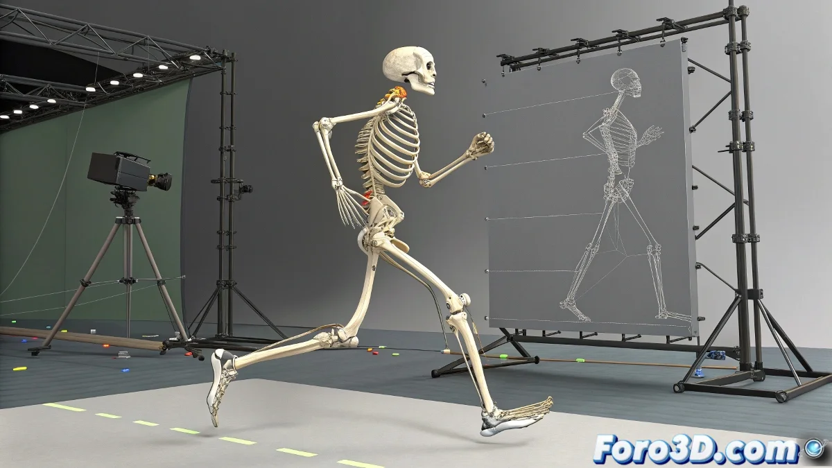 Proceso de integracion de datos de motion capture mostrando el armature generado y el modelo con weight painting en hombros y rodillas.