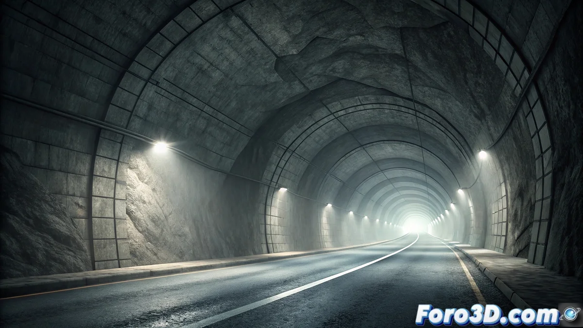 Render 3D de un túnel iluminado con luces amarillas interrumpidas por una luz blanca cegadora en el centro, mostrando partículas de polvo en suspensión y paredes reflectantes.
