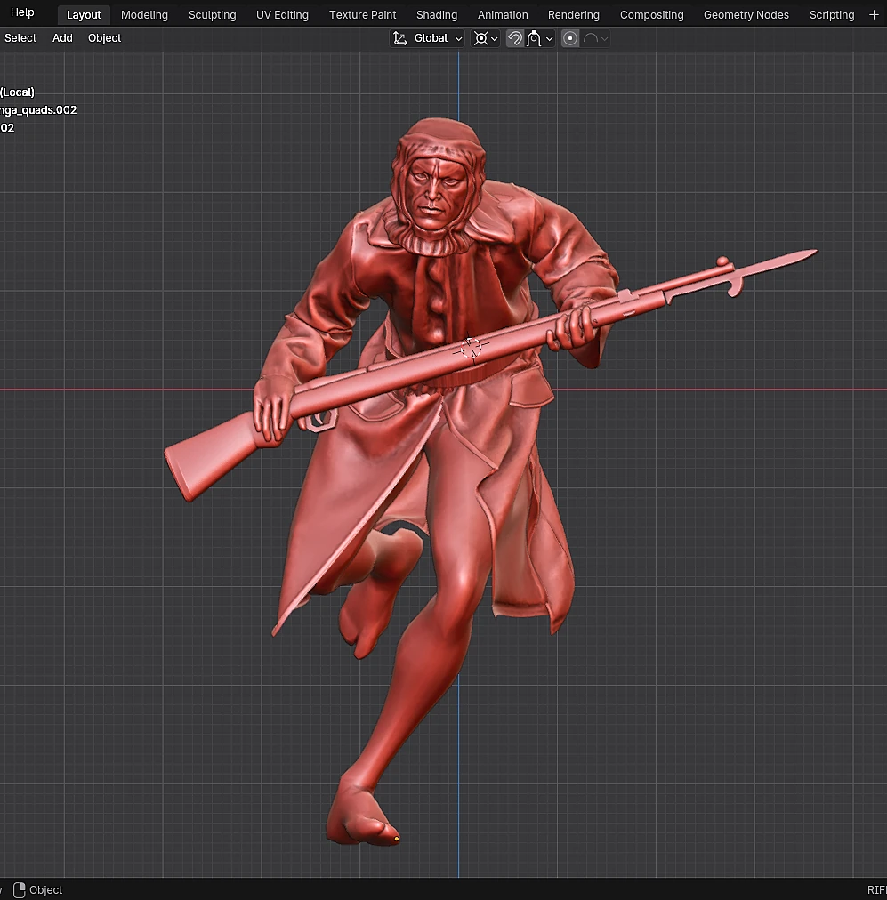 Modelado 3D en proceso de un soldado histórico con abrigo y equipo militar, mostrando detalles de pliegues y anatomía básica.