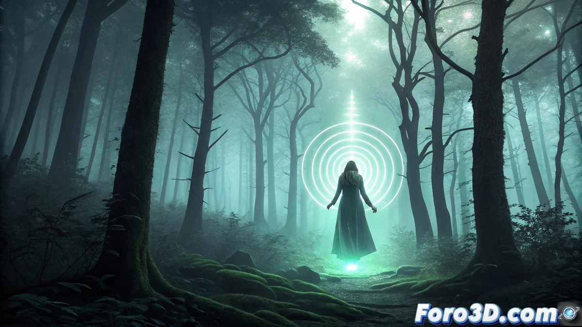 Una escena 3D en SolveSpace que muestra un bosque apalache nocturno con una figura espectral maternal rodeada de ondas de sonido distorsionadas y notas musicales truncadas, bajo una iluminación tenue azulada y verdosa.