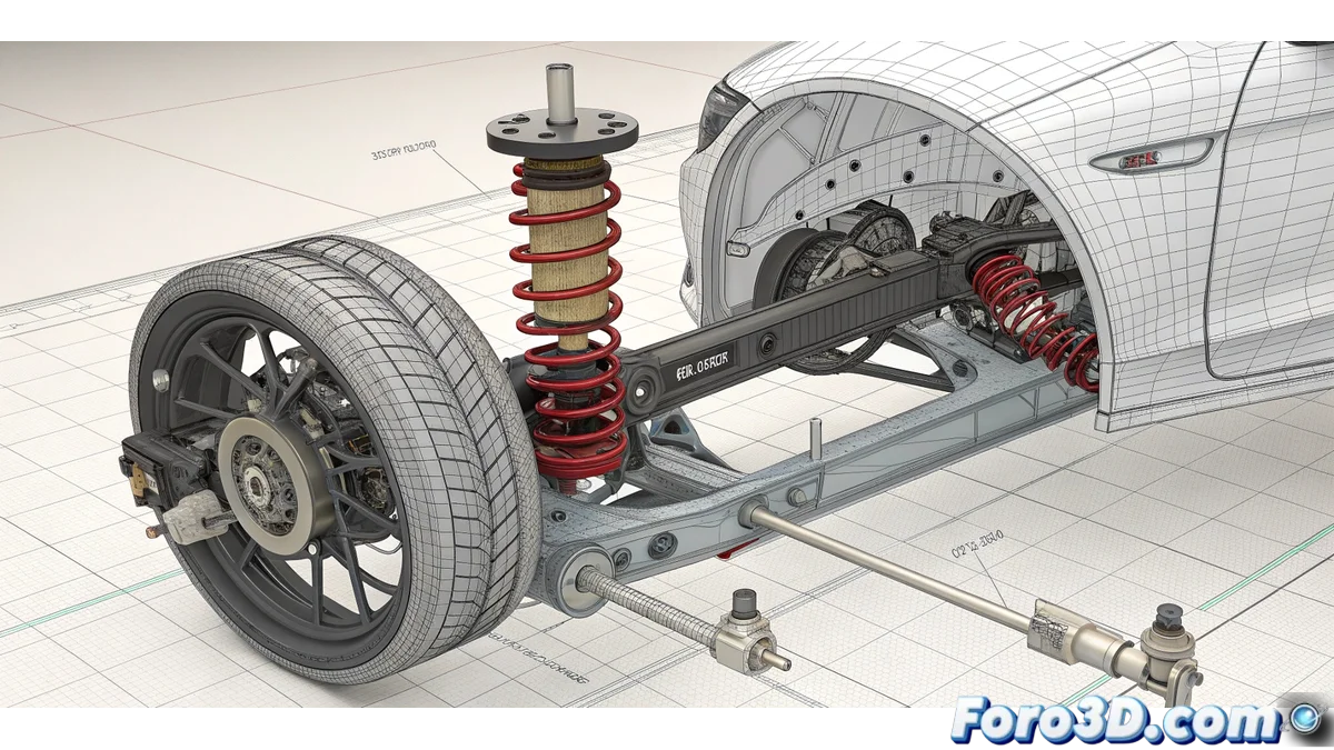Render 3D de un ensamblaje detallado de una suspension de coche de competicion, mostrando brazos, rotulas y amortiguador en Rhino.