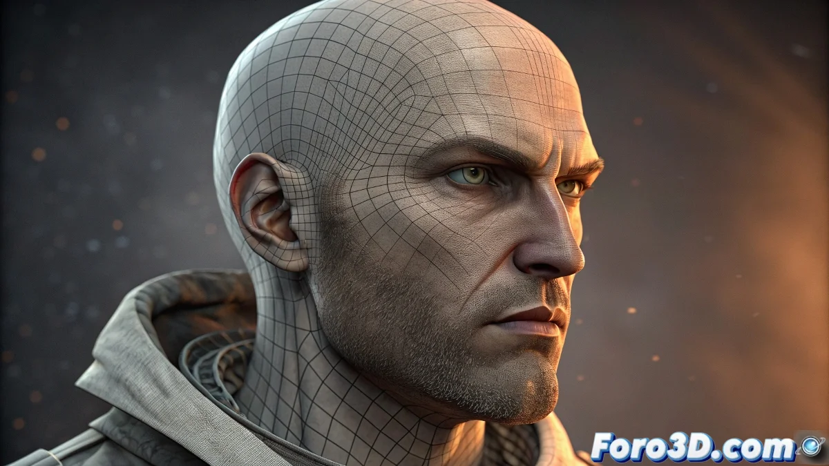 Comparativa de retopología mostrando malla escaneada original versus resultado de AI Auto Topology con edge loops perfectos para animación facial.