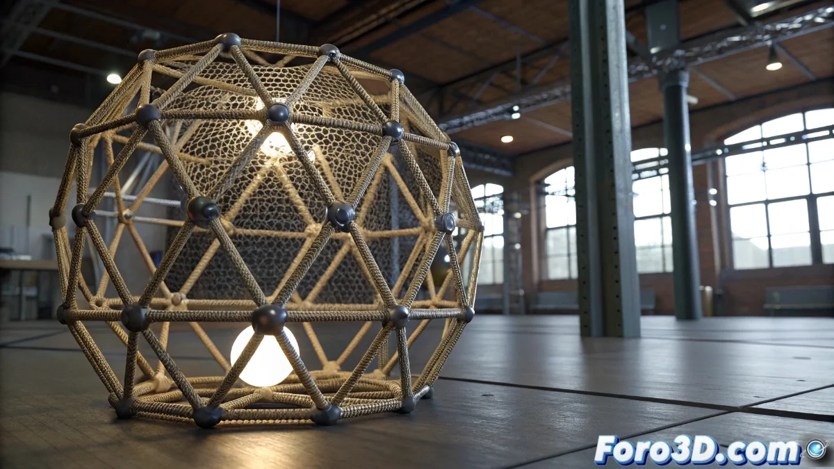 Vista en perspectiva de un objeto 3D deformado mediante un lattice en Blender 5, mostrando la malla original y la estructura de celdas con puntos de control activos.