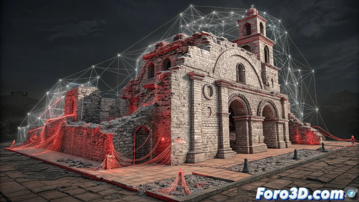 Secuencia de vídeo en Adobe Premiere mostrando ruinas del Monasterio del Diablo con corrección de color en tonos fríos y efectos de luz sobrenatural.