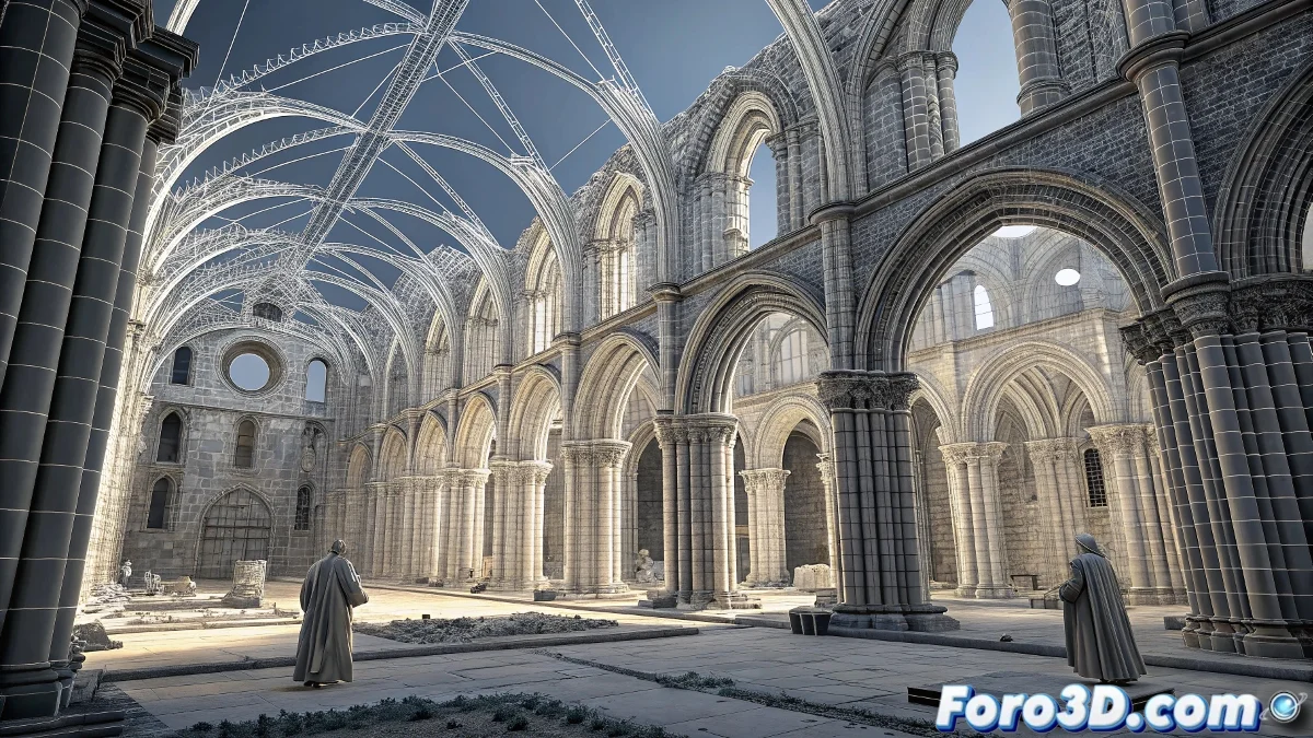 Captura de pantalla de Unity mostrando las ruinas góticas del monasterio con efectos de luz volumétrica, niebla y figuras fantasmales de monjes en el claustro principal