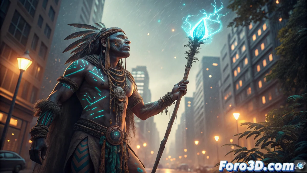 Portada del libro Chamanes eléctricos en la fiesta del sol mostrando un paisaje andino con elementos místicos y tecnológicos entrelazados, simbolizando la fusión de lo ancestral y lo moderno.