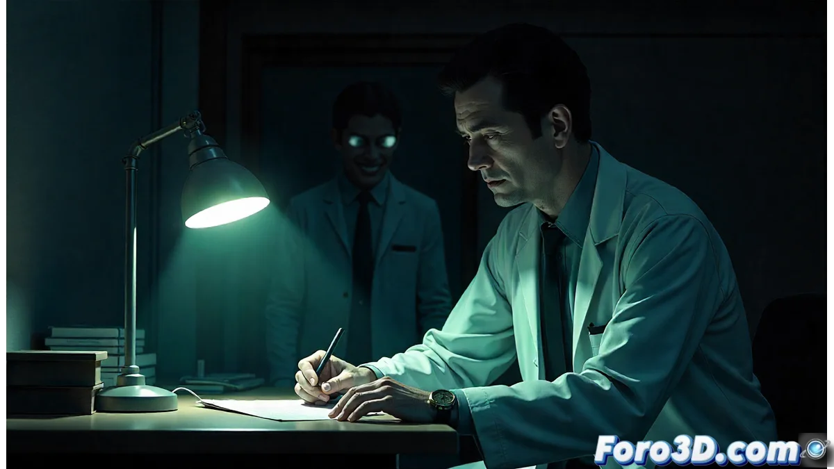 Doctor Kenzo Tenma observando el rastro de Johan Liebert a través de las calles de Alemania con expresión de determinación moral.
